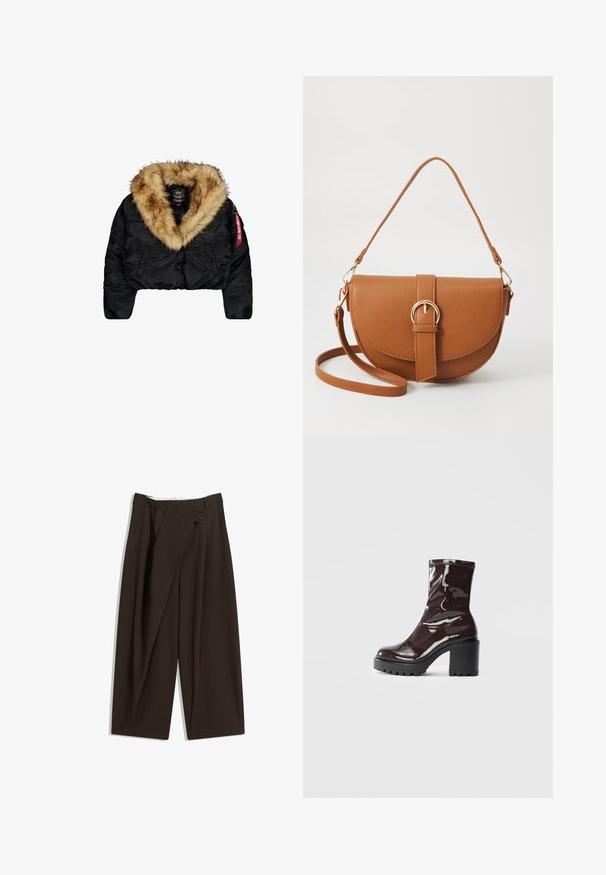 Przycięta czarna kurtka z dużym beżowym futrzanym kołnierzem, z zapięciem na guziki z przodu, bocznymi kieszeniami i czerwoną metką z logo na rękawie.; Czarny, oversize'owy t-shirt wykonany z bawełny, z okrągłym dekoltem i krótkimi rękawami. Prosty design bez wzorów i ozdób.; Ciemnobrązowe szerokie spodnie o wysokim stanie, z pojedynczym zapięciem na guzik i plisowanym przodem. Wykonane z lekkiego materiału.; Błyszczące bordowe botki za kostkę z masywną czarną obcasem, charakteryzujące się gładką teksturą i prostym wzornictwem. Brak widocznych zapięć lub wzorów.; Brązowa skórzana torba na ramię o zaokrąglonym kształcie, ze złotymi akcentami i zapięciem w formie klamry. Posiada odpinany pasek na ramię.