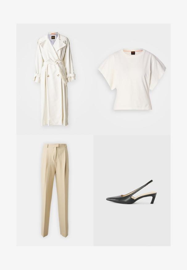 Valkoinen trench-takki, jossa on kaksi etutaskua, kaksirivinen muotoilu, leveät kaulukset ja itsesidottava vyö. Varustettu napitettuine hihoineen ja raidallisella vuorilla.; Valkoinen lyhythihainen t-paita, leveät lyhyet hihat, pehmeää puuvillamateriaalia, pyöreä pääntie jossa hienovarainen oranssi reunus, minimaalinen muotoilu, ei kuvioita tai graafisia elementtejä.; Beige muotoleggingsit, joissa on suora leikkaus, pleatit, vyötärö ja sileä pinta. Ei näkyviä taskuja tai koristeluita.; Musta, kärjeltään terävä slingback-kengä, jossa on matala korko. Kengässä on sileä nahkamateriaali ja sivuilla leikkaukset hengittävyyttä varten.