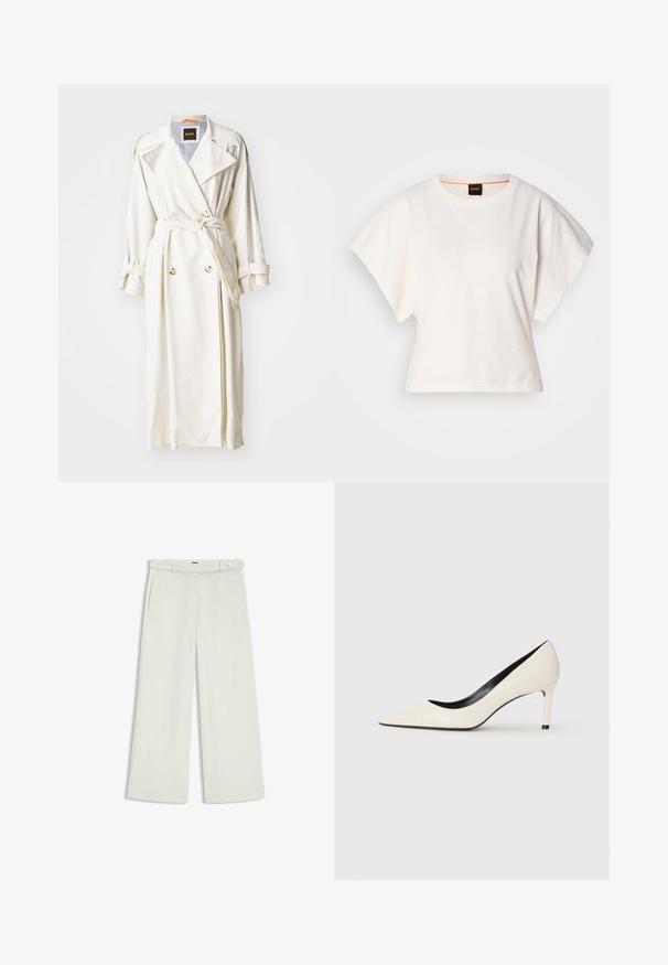Biała trenczowa kurtka z dwiema przednimi kieszeniami, podwójnym zapięciem, szerokimi klapami oraz paskiem do przewiązania. Posiada guziki na mankietach i w paski podszewkę.; Biała, krótka koszulka z szerokimi rękawami, wykonana z miękkiej bawełny, okrągły dekolt z delikatnym pomarańczowym wykończeniem, minimalistyczny design, bez wzorów i grafik.; Spodnie szerokie w jasnym kremowym kolorze, z bocznymi kieszeniami, płaskim przodem i pojedynczym zapięciem na guzik w talii. Gładka faktura.; Białe lakierowane szpilki z wydłużonym noskiem, smukłym obcasem i czarnym wnętrzem. Gładka faktura i elegancki design.