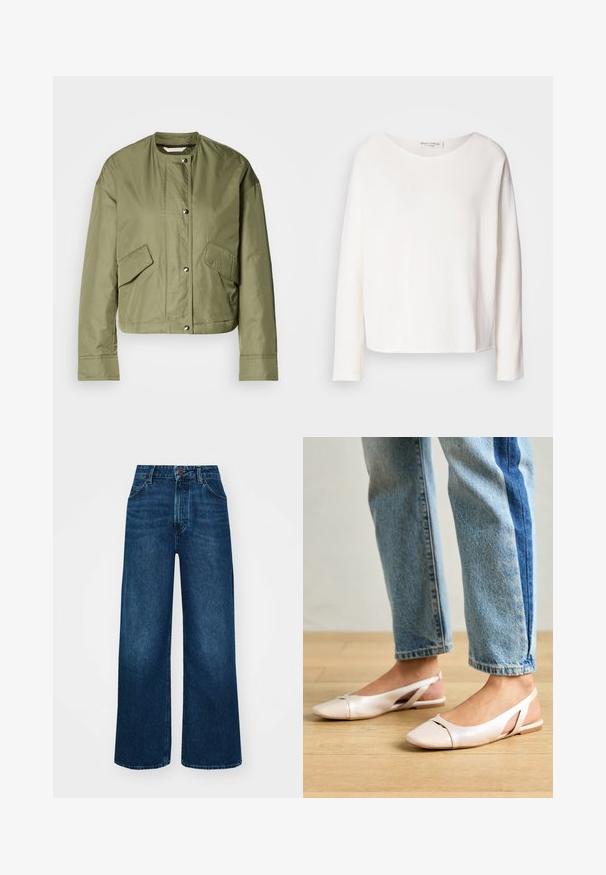 Maslinasto zeleni skraćeni sako od laganog materijala s okruglim izrezom, drsnim dugmadima i dva bočna džepa s dijagonalnim otvorima.; Dugih rukava, majica s okruglim izrezom od mekog, laganog bijelog materijala s opuštenim krojem. Ima čistu obrub i bez vidljivih dodataka.; Traperice viskog struka i širokih nogavica tamnoplave boje s glatkom teksturom, kontrastnim šavovima i dizajnom s pet džepova. Prednje zakopčavanje na gumb.; Svijetlo ružičaste slingback balerinke s šiljastim vrhom, izrađene od glatkog materijala nalik koži. Sadrže izrezane detalje sa strane i ravnu petu.