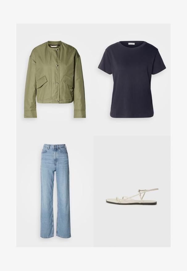 Olīvu zaļš īss jaka no viegla auduma ar apaļu kaklu, spiedpogas un divām sānu kabatām ar diagonālām atverēm.; Tumši zilas kokvilnas T-krekls ar apaļu kakla izgriezumu, īsām piedurknēm un brīvu piegriezumu. Gluda tekstūra un minimālistisks dizains, bez redzamām rakstām.; Gaiši zili augstā vidukļa džinsi ar taisnu kāju, izgatavoti no denima, ar priekšējo pogu aizdari un smalkām izbalēšanas detaļām.; Bežīgas plakanas čības ar vairākiem plāniem siksniņām un regulējamu sprādzi. Zole ir plakana ar nelielu tumšu kontrastu malā.