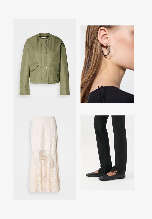 Olivgrüne, gekürzte Jacke aus leichtem Material mit Rundhalsausschnitt, Druckknöpfen und zwei seitlichen Taschen mit schrägen Öffnungen.; Schwarzes Tanktop aus weichem, dehnbarem Stoff. Mit Rundhalsausschnitt und breiten Trägern, tailliert geschnitten und mit glatter Oberfläche.; Blumige Spitzen-Midi-Rock in Creme; verfügt über ein geschichtetes Design mit transparenten Abschnitten, strukturierter Spitze und einem ausgestellten Saum.; Schwarze Leder-Ballerinas mit spitzer Zehenpartie, Riemchen mit silberner Schnalle, kombiniert mit schwarzen taillierten Hosen mit Schlitzsaum.; Silberne Creolen mit polierter Oberfläche, die kleine goldene Akzentdetails und eine runde Form aufweisen, am Ohrläppchen getragen.