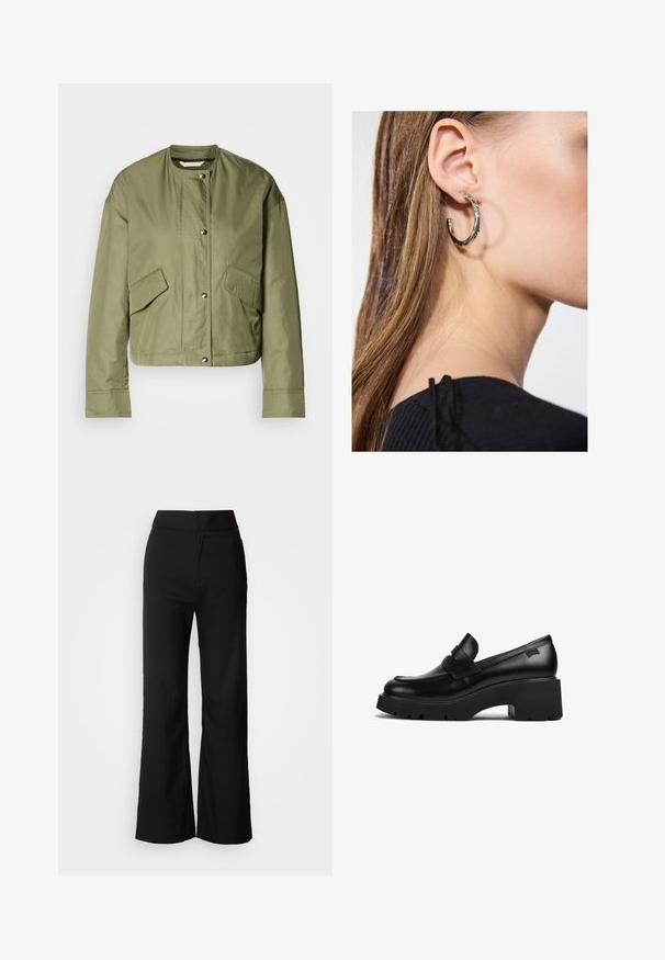 Oliivroheline lühike jakk kergest kangast, ümmarguse kaelusega, nööbiga ja kahe diagonaalse avaga küljetaskuga.; Musta tanktop, mis on valmistatud pehmest ja venivast materjalist. Omab ümmargust kaelust ja laiu õlapaelu, ning sellel on voolav siluett ja sile tekstuur.; Mustad laiad püksid sujuva tekstuuriga, kõrge vöökoht ja puhas disain. Ei ole nähtavaid taskuid ega dekoreerimist.; Must musta jalgadega must nahast lohvik, paksu tallaga ja rihmaga ülevalt, kujutatud külgvaates valgel taustal.; Hõbedane rõngas kõrvarõngas poleeritud viimistlusega, millel on väikesed kuldsed aktsendid ja ümmargune kuju, kantud lobus.