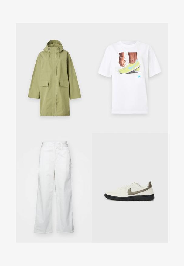 Világoszöld vízálló kabát kapucnival, két elülső zsebbel, egyenes szabással és állítható zsinórokkal rendelkezik. Simító textúrájú.; Fehér pamut póló, amelyen sárga Nike cipőben lévő lábak grafika található kék részletekkel, bal csuklón pedig egy karkötő látható.; Fehér, bő szárú nadrág, pamutból készült, sima textúrával, egyenes szabással, elülső zsebekkel és tiszta szegéllyel.; Nike Sportswear FIELD GENERAL - Sportcipő - off-white/black