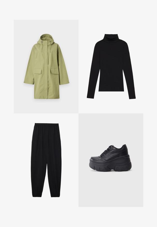 Hellgrüne wasserdichte Jacke mit Kapuze, verfügt über zwei Fronttaschen, einen geraden Schnitt und verstellbare Kordeln. Glatte Textur.; Schwarzes langärmeliges Turtleneck-Oberteil aus geripptem Stoff, mit einer taillierten Passform, hohem Kragen und ohne Muster oder Akzente.; Schwarze, leichte Hosen mit einem elastischen Bund und gerafften Knöcheln. Der Stoff ist glatt und hat ein entspanntes, schmal zulaufendes Design.; Schwarze Schnürsneaker mit einer klobigen Sohle, ausgestattet mit einem glatten Leder-Obermaterial, runder Zehenpartie und markantem, geschichteten Plattformdesign.