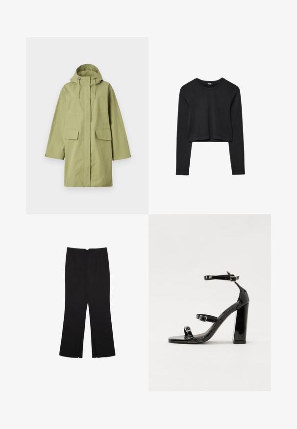 Svijetlozeleni vodootporni kaput s kapuljačom, sadrži dva prednja džepa, ravnog kroja i podesive konce. Glatka tekstura.; Crni dugi rukav uski crop top s okruglim izrezom, jednostavnog dizajna i blago zakrivljenim rubom.; Crne hlače ravnog kroja, s prednjim džepovima i bočnim prorezima na rubu. Izrađene od mekog i glatkog materijala. Pogodne za razne prigode.; Crne lakirane sandale na pete sa kvadratnim nosom, trakama oko gležnja i srebrnim kopčama. Imaju čvrst blok petu za stabilnost.