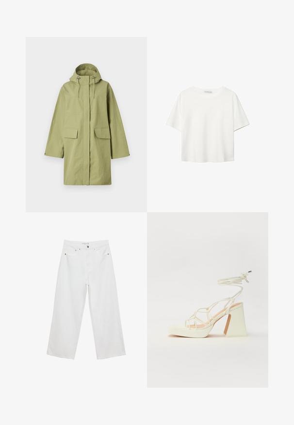 Svetlozelený nepremokavý kabát s kapucňou, má dve predné vrecká, rovný strih a nastaviteľné šnúrky. Hladká textúra.; Biela krátkopsová tričko vyrobené z bavlny. Má okrúhly výstrih a voľný strih. Hladká textúra bez viditeľných vzorov alebo akcentov.; Biele široké džínsy z denimu s vysokým pásom, vybavené piatimi vreckami a kovovými doplnkami. Hladká textúra, žiadne viditeľné vzory.; Biele sandále na vysokom opätku s hrubým podpätkom, s pruhovaným dizajnom a viazaním na členku. Hladký povrch s platformou vpredu pre zvýšenú výšku.