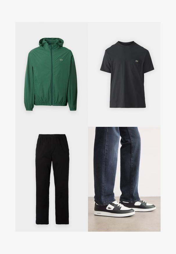 Jachetă ușoară verde cu glugă, închidere cu fermoar, manșete elastice și talie elastică. Prezintă un mic logo pe piept.; Tricou din bumbac negru, cu mâneci scurte, decolteu rotund și un mic logo verde pe buzunarul stâng al pieptului. Design simplu, fit normal.; Pantaloni negri dintr-un material textil amestecat de bumbac, cu croială dreaptă, talie elastică cu nasture și fără modele sau accente vizibile.; Adidași Lacoste negri și albi cu un superior din piele texturată, având un design cu șireturi și o talpă din cauciuc alb. Purtați cu blugi închiși la culoare.
