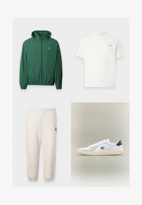 Zelená lehká bunda s kapucí, zipovým zapínáním, elastickými manžetami a elastickým pasem. Na hrudi má malé logo.; Bílá bavlněná tričko s krátkými rukávy, s jemně vyšitým logem a minimalistickým designem. Měkká textura, kulatý výstřih.; Světle béžové tepláky vyrobené z bavlny, s elastickým pasem, žebrovanými náplety a zeleným logem s designem listu na levé noze.; Bílá teniska se zelenými akcenty, z materiálů semiš a kůže, kulatou špičkou, texturovanou podešví a vyšitým logem na boku a jazyku.