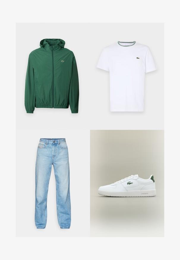 Grønn lett jakke med hette, glidelås, elastiske mansjetter og elastisk liv. Har et lite logo på brystet.; Hvit bomulls T-skjorte med korte ermer og ribbet krage som har grønne og svarte striper; liten grønn brodert logo på venstre bryst.; Lys blå jeans laget av denim, med rett snitt, fem-lommers design, og en synlig knappestolpe med kontraststing.; Hvite skinnsneakers med en glatt finish, grønne detaljer på hælen og en grønn logo på siden. Inkluderer flat såle og rund tå.