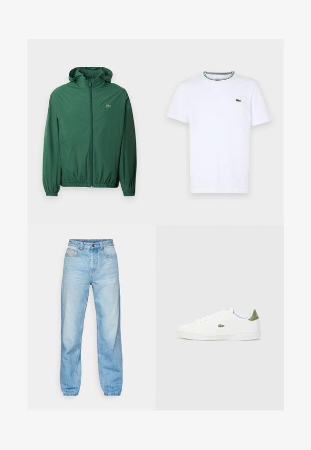 Zelena lagana jakna s kapuljačom, zatvaranjem na zatvarač, elastičnim manžetama i elastičnom strukom. Na prsima se nalazi mali logo.; Bijela pamučna majica kratkih rukava s rebrastim ovratnikom koja ima zelene i crne pruge; mali zeleni izvezeni logo na lijevoj strani prsnog koša.; Svijetloplave traperice, ravnog kroja, s pet džepova i vidljivim dugmetom na prednjem dijelu, sa kontrastnim šavovima.; Bijele tenisice s glatkom teksturom, s zelenim akcentom na peti i malim izvezenim logotipom krokodila sa strane.
