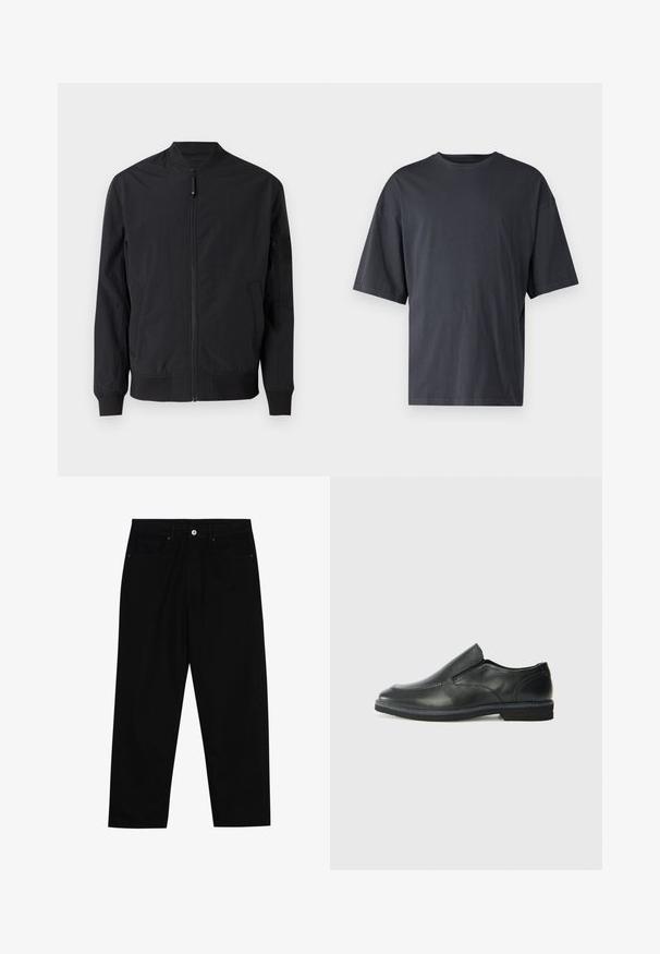 Črna bombarderska jakna z zadrgo spredaj, prilegajočimi se manšetami in pasom. Ima žep na levem rokavu in gladko, lahkotno tkanino.; Temno siva majica s kratkimi rokavi iz lahkotnega bombaža, z ohlapnim krojem in klasičnim okroglim izrezom, z enostavno teksturo in brez vzorcev.; Črne denim hlače z ravnim krojem, petimi žepi in sprednjim gumbom. Gladka tekstura z minimalnimi šivi.; Črne usnjene natikače z gladkim zgornjim delom, prišitimi detajli, zaobljenim nosom in nizkim gumijastim petkom. Podplat ima minimalen profil.