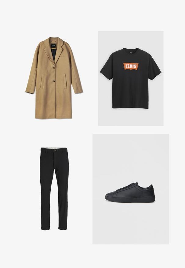 Kamieļa krāsas vilnas mētelis ar izgrieztu apkakli, priekšējo pogu aizdari un divām sānu kabatām. Tam ir gluda, mīksta tekstūra.; Melnā kokvilnas T-krekls ar lielu oranžu Levi's logo uz priekšpuses, īsām piedurknēm un apaļu kakla izgriezumu.; Melnas kokvilnas maisījuma bikses ar šauru piegriezumu, ar pogu aizdari, kabatām un rullētām piedurknēm ikdienišķam izskatam.; Melnas kedas no gludas ādas ar zemu adatu dizainu, apaļu purngalu un plakanu gumijas zoli. Satur auklas un diskrētu zīmolu.