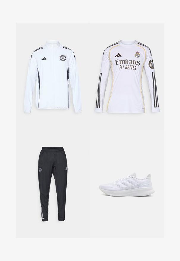 Giacca atletica bianca con accenti neri, chiusura a zip e logo del Manchester United. Presenta tre strisce nere sulle spalle e polsini elasticizzati.; Maglia a maniche lunghe bianca con accenti neri e gialli, presenta il logo "Emirates Fly Better" e il simbolo del Real Madrid, realizzata in materiale sintetico leggero.; Pantaloni sportivi neri con vita elastica, logo ricamato sulla coscia e strisce bianche che scorrono lungo i lati.; Scarpe sportive bianche con tomaia in mesh texturato, suola ammortizzata e supportiva, e design a tre strisce sul lato.
