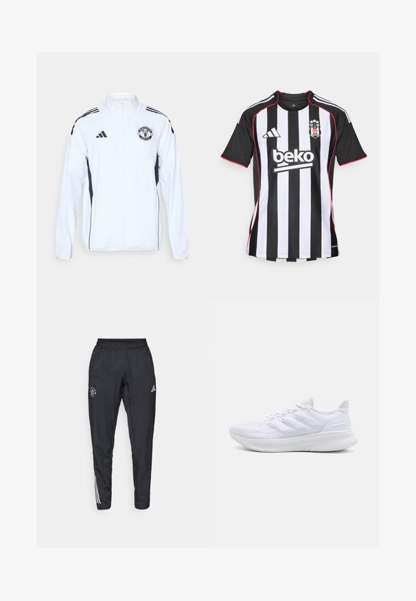 Weiße Sportjacke mit schwarzen Akzenten, Reißverschluss und Manchester United-Logo. Verfügt über drei schwarze Streifen auf den Schultern und elastische Bündchen.; adidas Performance BESIKTAS 25/26 AWAY JERSEY - Fußball-Trikot - black; Schwarze Sporthose mit elastischem Bund, gesticktem Logo auf dem Oberschenkel und weißen Streifen an den Seiten.; Weiße Sportschuhe mit einem strukturierten Mesh-Obermaterial, einer stützenden gepolsterten Sohle und einem drei Streifen-Design an der Seite.