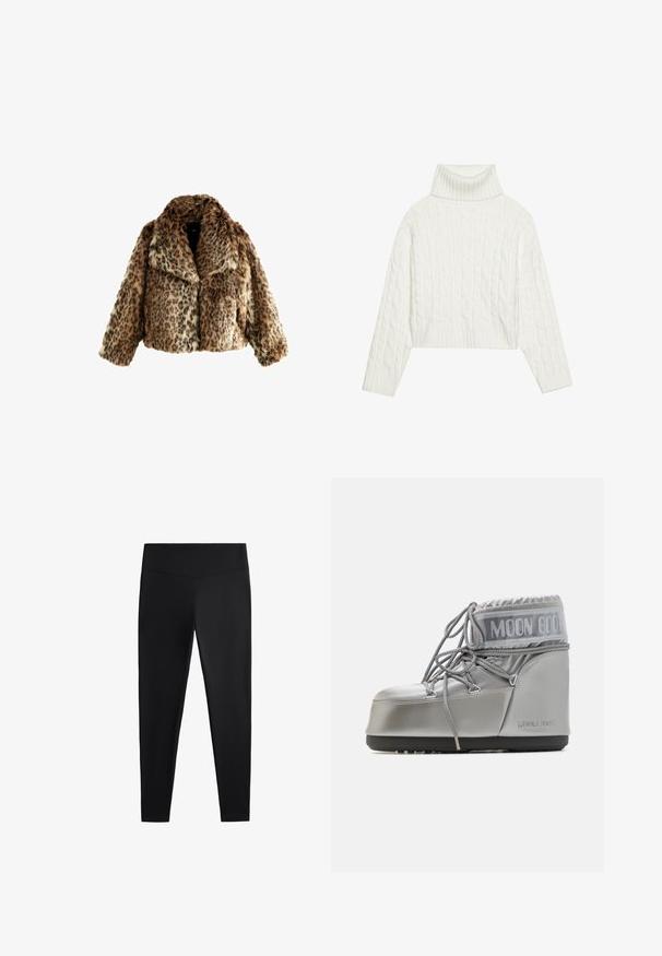 Panterprint faux fur jakke, cropped design, blød tekstur, bred krave, med nuancer af brunt og sort i kontrasterende mønstre.; Hvid kabel-strikket turtleneck sweater med en cropped silhuet, der har ribbede manchetter og kant. Blød tekstur med et hyggeligt, chunky design.; Sorte leggings lavet af glat, strækbart stof. Har en bred talje og en tapered ben-design, velegnet til aktiv eller afslappet brug.; Sølvfarvet vandtæt støvle med en rund form, struktureret overflade og grå snørebånd. Har et fremtrædende "MOON BOOT"-logo på den øverste del.