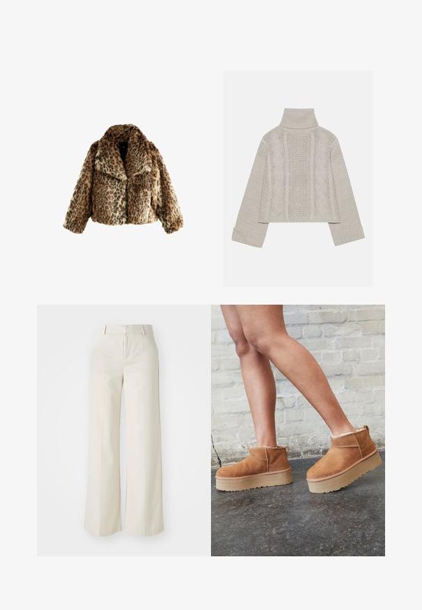 Leopardenmuster-Faux-Fur-Jacke, cropped Design, weicher Stoff, breiter Kragen, mit braunen und schwarzen Farbtönen in kontrastierenden Mustern.; Gekürzter, hellgrauer Strickpullover mit hohem Kragen und gerippten Bündchen, ausgestattet mit strukturierten Zopfmustern entlang des Rückens und der Seiten.; Weite Hosen in einem hellbeigen Farbton, aus einem glatten Stoff gefertigt. Mit einem klassischen Bund und flachem Vorderteil, das klare Linien zeigt.; Braune Wildleder-Stiefeletten mit einem weichen Futter, dicker beige Plateau-Sohle und einer Zuglasche auf der Rückseite. Strukturiert Oberfläche mit sichtbaren Nähdetails.