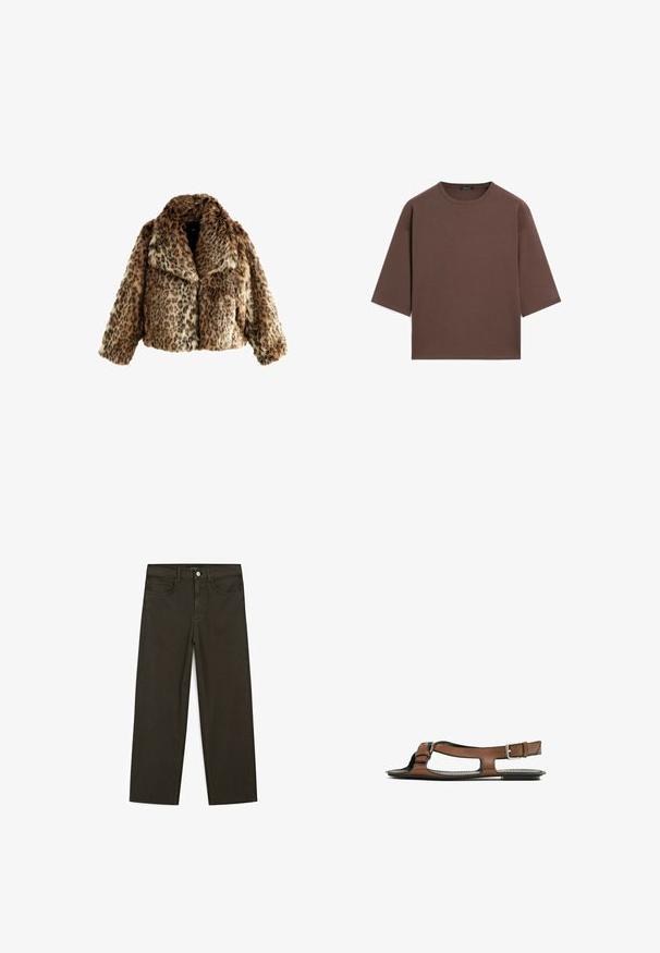 Leopardprint nepbontjasje, cropped ontwerp, zachte textuur, brede kraag, met schakeringen van bruin en zwart in contrasterende patronen.; Bruine cropped t-shirt met een ronde halslijn, korte mouwen en een zachte textuur. Ontworpen met een losse pasvorm en minimale details.; Donkergroene wijde jeans van een katoenmix, met een sluiting met een voorste knop, vijf zakken en klassieke denimstiksels.; Bruine leren sandaal met een open teen en zijuitsparingen. Voorzien van een enkelband met een metalen gesp en een platte zool.