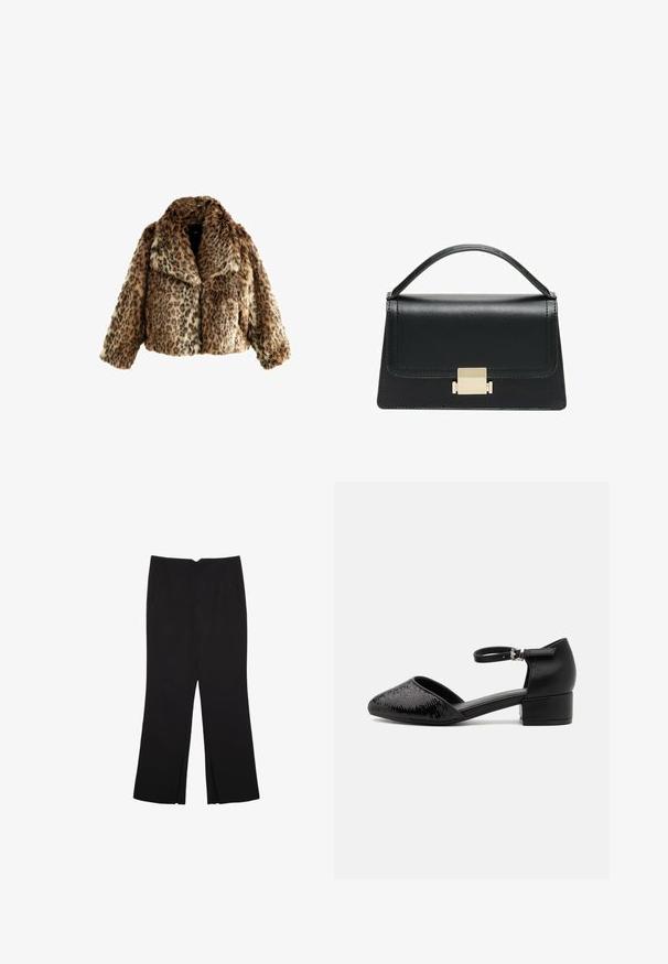 Jakna iz umetnega krzna s tkanino v leopardjem vzorcu, skrajšanega dizajna, mehke teksture, širokega ovratnika, z odtenki rjave in črne v kontrastnih vzorcih.; Črna majica brez rokavov iz bombaža, z okroglim izrezom in širokimi odprtinami za roke. Gladka tekstura s šivi na robovih. Klasičen, minimalističen dizajn.; Črne hlače ravnega kroja z naglavnimi žepi in stranskimi razporki na robu. Narejene iz mehke, gladke tkanine. Primerne za različne priložnosti.; Črne čevlje z gležnjem in koničastim nosom, ki imajo teksturirano zgornjo stran in nizko blokasto peto za stabilnost. Material je mešanica mehkega usnja in sintetičnega blaga.; Črna usnjena torbica z strukturiranim dizajnom, zgornjim ročajem in zlate kovinske sponke na sprednji strani. Gladka tekstura, minimalno šivanje.