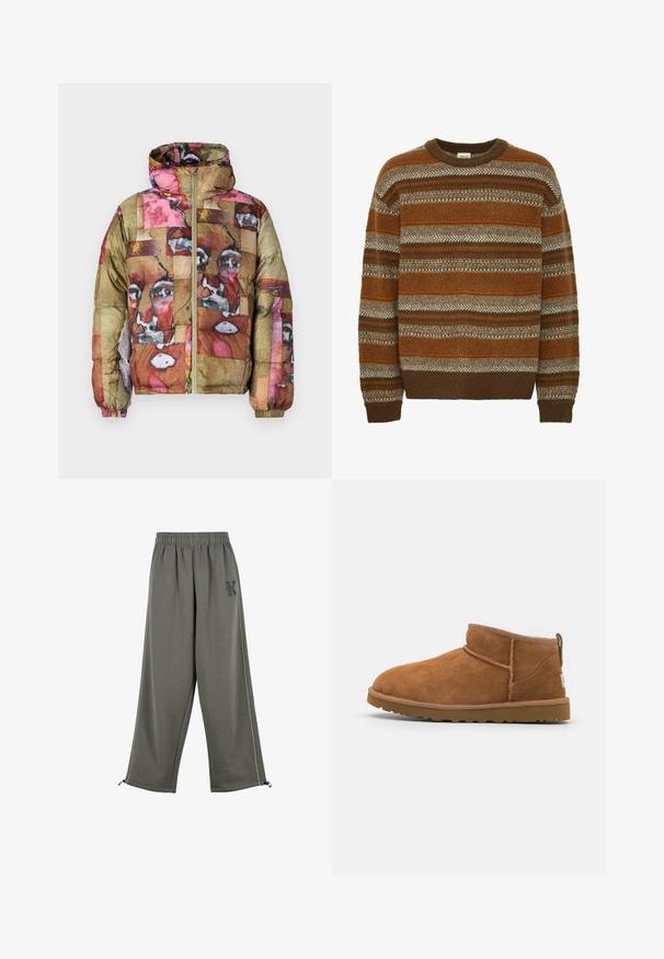 Puffjakke med et multikolorert abstrakt mønster i pink, brun og guld, med hætte og frontlynlås.; Solid SDMAXWELL - Striktrøje - slate black; Karl Kani KK OS SIDESTRIPE - Bukser - grey; Sandal mellemhøje støvler i tan ruskind med en rund tå, subtile syninger og en tekstureret gummisål. Kort højde uden snørebånd.