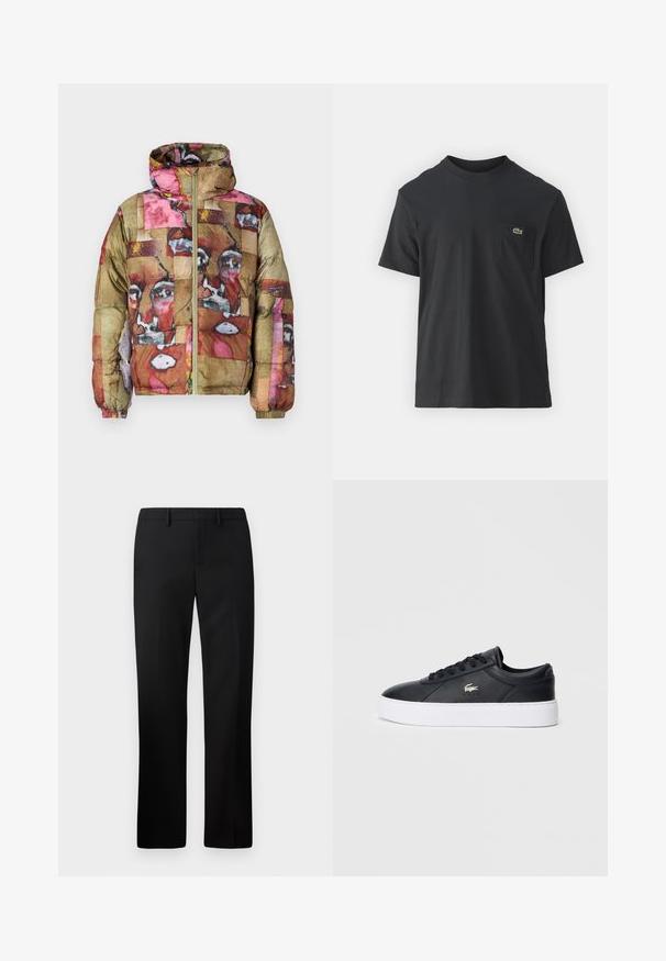 Puffjakke med et multikolorert abstrakt mønster i pink, brun og guld, med hætte og frontlynlås.; Sort bomulds t-shirt med korte ærmer, rund halsudskæring og et lille grønt logo på venstre brystlomme. Enkel design, normal pasform.; Sorte skræddersyede bukser med lige ben-design, lavet af glat stof. Funktioner inkluderer en flad front og mid-rise talje.; Sort lædersneaker med rund tå, tonale snørebånd og polstret krave. Har en hvid platformssål og en lille logoaccent.