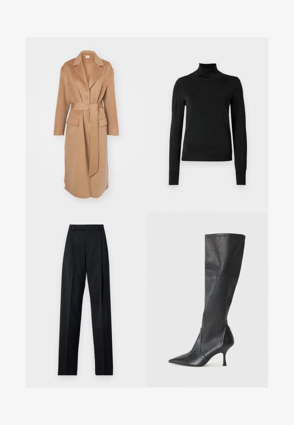 Kameelkleurige wollen trenchcoat met een geknoopt col, twee voorzakken, een riem en knoopsluiting. Zachte textuur en getailleerde pasvorm.; Zwarte trui met lange mouwen en col, voorzien van geribde manchetten en zoom, weergegeven op een effen witte achtergrond.; Zwarte broek gemaakt van gladde stof met een hoge taille, wijde benen, voorplooien en klassieke ceintuurlussen. Geen zijzakken zichtbaar.; Kniehoge zwarte leren laarzen met een spitse neus en een slanke stilettohak. Glad textuur met een aansluitend ontwerp en stiksels aan de bovenrand.