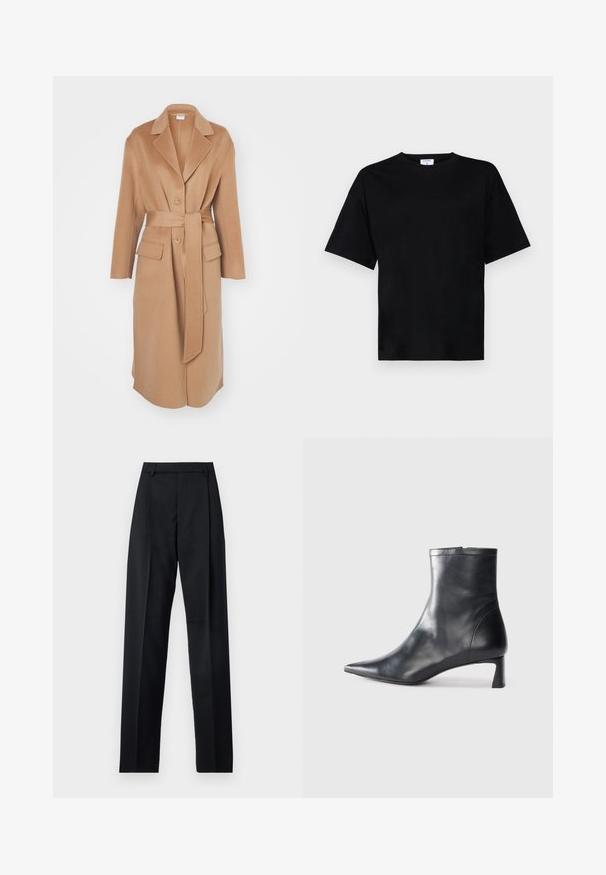 Trench coat in lana color cammello con colletto a revers, due tasche frontali, cintura e chiusura a bottoni. Tessuto liscio e vestibilità sartoriale.; Maglietta nera a maniche corte in una vestibilità rilassata, realizzata in tessuto morbido, con scollatura tonda e senza motivi o accenti prominenti.; Pantaloni neri realizzati in tessuto morbido, caratterizzati da vita alta, gambe larghe, pince frontali e classiche passanti per cintura. Non ci sono tasche laterali visibili.; Stivaletto in pelle nera con punta affusolata e design elegante. Presenta un tacco basso e una chiusura con zip sul retro. Texture liscia.