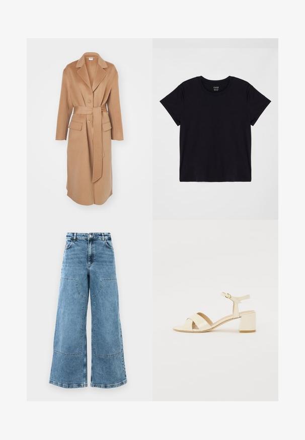 Kameelkleurige wollen trenchcoat met een geknoopt col, twee voorzakken, een riem en knoopsluiting. Zachte textuur en getailleerde pasvorm.; Zwarte T-shirt met korte mouwen, gemaakt van zachte katoen. Klassiek ontwerp met ronde hals en een eenvoudige, ongecompliceerde uitstraling met een comfortabele pasvorm.; Lichtblauwe denim wijde pijpen jeans met een hoge taille, grote voorkruiden en zichtbare stiksels. Beschikt over een klassieke vijf-pocketontwerp.; Beige gepolijst lederen sandalen met hakken, voorzien van een kruisbandontwerp, open teen, verstelbare enkelband en een blokhak. Gladde textuur.