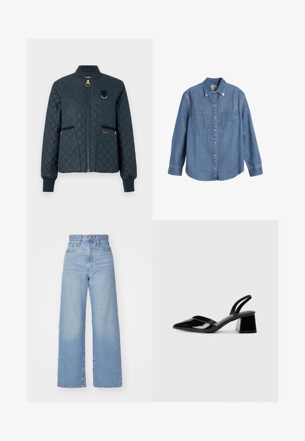 Navy quilted bomber jacket featuring a zip front, ribbed cuffs, two side pockets, gold hardware, and a Barbour logo on the left pocket.; Light blue denim shirt with long sleeves, pointed collar, two chest pockets, and contrasting stitching. Features a western-style yoke design.; Light blue high-waist wide-leg jeans with front button and zip closure, front and back pockets, on a white background.; Black patent leather slingback heels with a pointed toe and a geometric block heel. Features a sleek, minimal design and smooth texture.