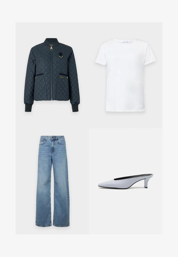 Navy quilted bomber jacket featuring a zip front, ribbed cuffs, two side pockets, gold hardware, and a Barbour logo on the left pocket.; White short-sleeve t-shirt made of cotton with a crew neck design. Smooth texture and straight cut, no patterns or accents.; Light blue wide-leg jeans made of denim, featuring a high waist, front pockets, and a classic five-pocket design, with subtle fading.; Light blue patent leather mule with a pointed toe, low transparent heel, and a sleek design featuring a cut-out at the vamp.