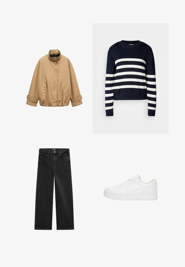 Brown oversized jacket with a high collar, snap closures, and two front pockets. Features adjustable cuffs and a gathered waistband.; Navy blue sweater with horizontal white stripes, crew neckline, and ribbed cuffs. Soft texture, cropped design, and even color distribution.; Wide-leg black denim jeans with a subtle vertical stripe pattern, featuring five-pocket design and a classic button closure at the waist.; White lace-up sneakers with a smooth leather upper, rounded toe, raised platform sole, and minimalistic design. Perforated accents on sides.
