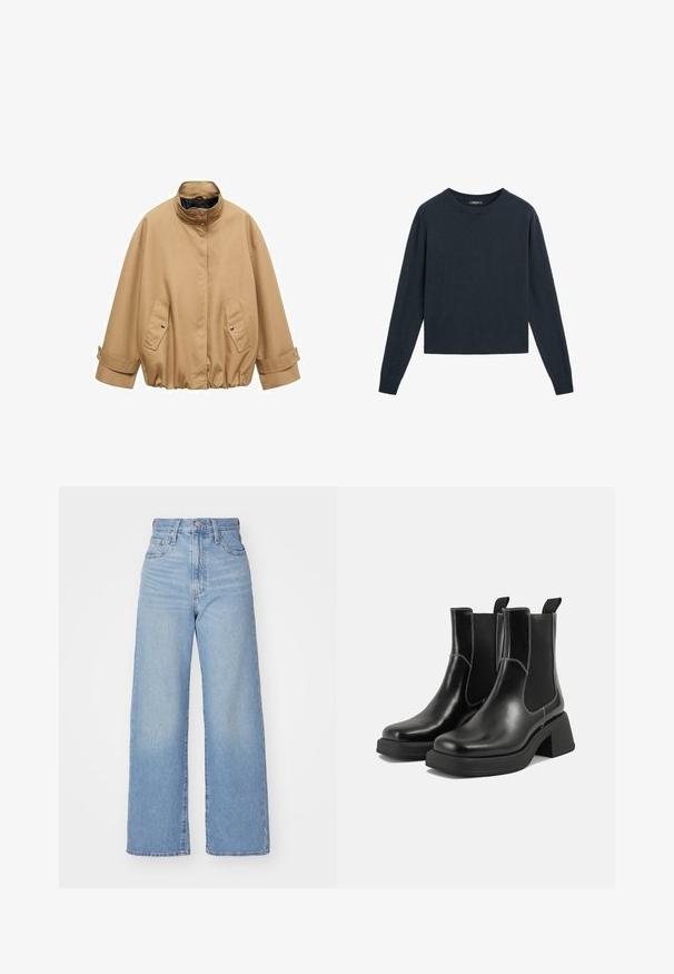 Giacca oversize marrone con colletto alto, chiusure a scatto e due tasche frontali. Presenta polsini regolabili e una vita arricciata.; Maglione blu scuro realizzato in morbido tessuto a maglia, con collo rotondo, maniche lunghe e un design cropped con polsini e orlo a coste.; Jeans a vita alta blu chiaro con gamba larga, chiusura frontale con bottone e zip, tasche anteriori e posteriori, su uno sfondo bianco.; Stivali Chelsea in pelle nera con tacco spesso, pannelli elasticizzati sui lati e cuciture bianche a contrasto. Finitura testurizzata.