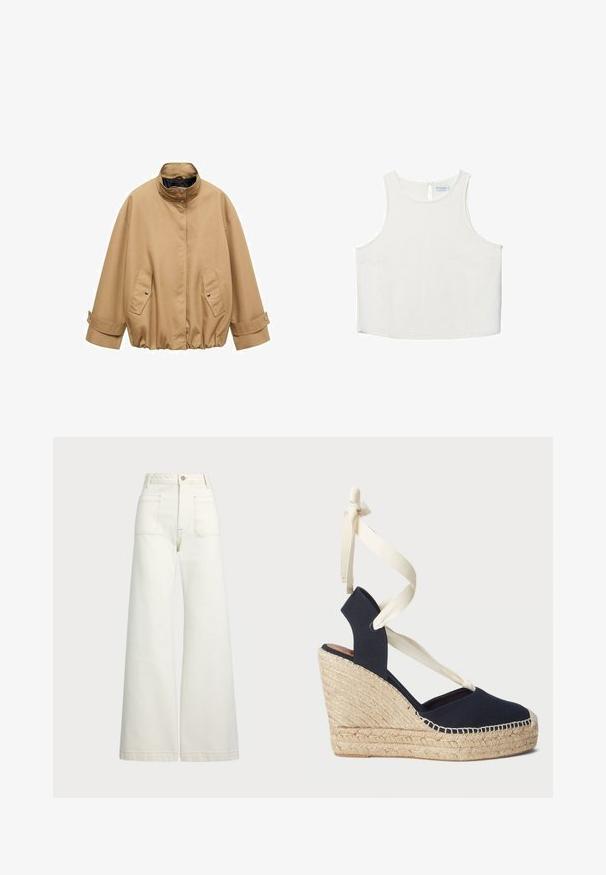 Brun oversized jakke med høj krave, trykknaplukning og to forlommer. Har justerbare manchetter og en samlet talje.; Hvid ærmeløs top med rund halsudskæring, der har en subtil tekstur, nøglehulsbagdetalje og lige kant.; Pæne brede jeans i off-white denim. Høj talje med knaplukning, to forlommer og detaljer med kontrastsyning.; Marin canvas kilehæle sandal med en espadrille reb ydersål og cremefarvede bånd omkring anklen. Lukket hæl og rund tå design.