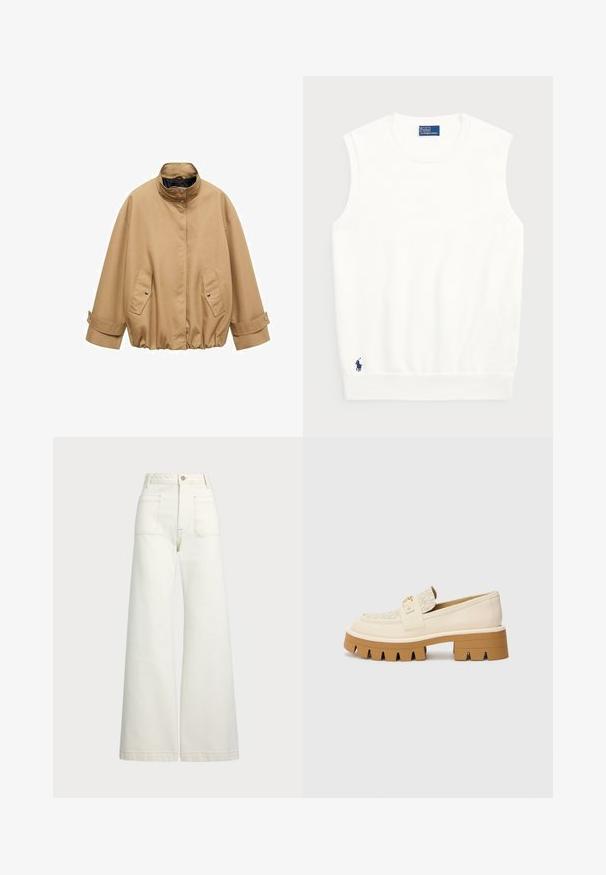 Hnedý prešívaný kabát s vysokým golierom, sponkami a dvoma prednými vreckami. Obsahuje nastaviteľné manžety a zhrnutý pás.; Biely bezrukávový sveter vyrobený z hladkej bavlny, s rebrovaným lemom a malým námorníckym logom v dolnom ľavom rohu. Jednoduchý dizajn, bez vzorov.; Džínsy s širšími nohavicami v off-white denim. Vysoký pás s gombíkovým zapínaním, dve predné vrecká a kontrastné švy.; Beige mokasíny s textúrovaným krémovým popruhom, s masívnou hnedou podrážkou s tvarmi podobnými zubom. Zlatý akcent na detaile s prackou.