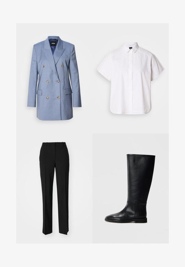 Double-breasted blazer in light blue fabric. Features large buttons, sharp lapels, and side pockets. Tailored fit with a smooth texture.; White short-sleeve button-up shirt with a pointed collar and curved hem. Made from cotton with a smooth texture and no visible patterns.; Black tailored trousers with a straight-leg design, featuring a smooth texture and crisp creases along the front. No visible hardware.; Black leather knee-high boot with a rounded toe, smooth texture, minimalistic design, and a flat sole. Simple seam details on the shaft.