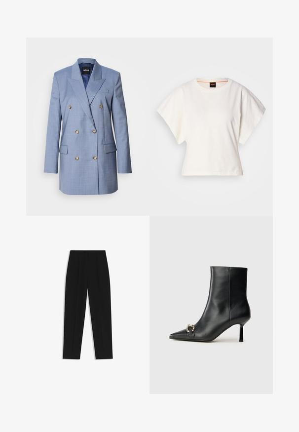 Dubbelknäppt kavaj i ljusblått tyg. Har stora knappar, skarpa slag och sidofickor. Snygg passform med en mjuk textur.; Vit kortärmad T-shirt, korta vida ärmar, mjukt bomullsmaterial, rund halsringning med subtila orange detaljer, minimal design, inga mönster eller grafik.; Svarta byxor med rak passform, med dubbla fickor, en slät yta och en klassisk midje-design. Ingen synlig hårdvara eller detaljer.; Svart läderankelboot med spetsig tå, smal medelhög klack och silverfärgad spänndetalj på sidan mot en enfärgad bakgrund.