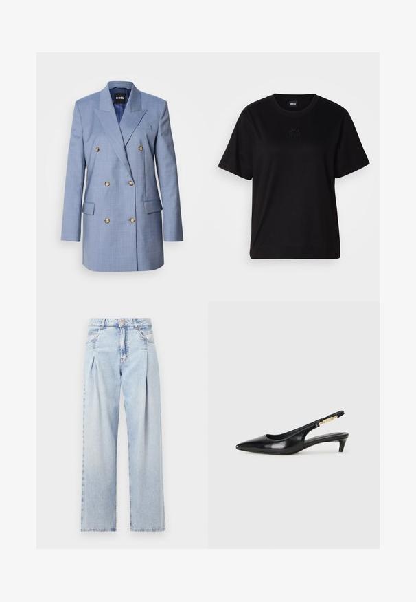 Sacou dublu din material bleu deschis. Prezintă butoane mari, rever ascuțit și buzunare laterale. Croi ajustat cu o textură netedă.; T-shirt negru din bumbac, cu guler rotund, mâneci scurte și un logo brodat pe piept. Design simplu, cu o croială relaxată și fără modele.; Jeans din denim albastru deschis cu talie înaltă, croială evazată, două buzunare laterale și un design pliat. Textură moale cu un finisaj decolorat.; Sandale slingback din piele neagră cu vârf ascuțit, având un toc subțire și un accent de culoare aurie pe curea ajustabilă. Textură netedă.