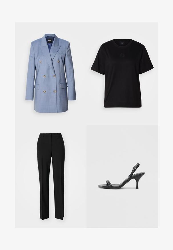 Dobbeltbrystet blazer i lyseblåt stof. Har store knapper, skarpe reverser og sidelommer. Skræddersyet pasform med en glat tekstur.; Sort bomulds t-shirt med rund halsudskæring, korte ærmer og et broderet logo på brystet. Enkel, afslappet pasform uden mønstre.; Sorte skræddersyede bukser med lige ben-design, der har en glat tekstur og skarpe folder langs fronten. Ingen synlige hardware.; Sorte læder højhælede sandaler med en slank, buet hæl og et krydset stropdesign. Justerbar ankelrem. Glat tekstur.