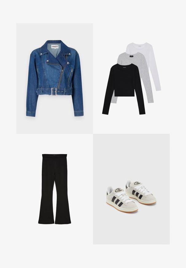 Keskmise sinise tooni lühendatud teksajakk, millel on vööga talje, ebaühtlane lukustus ja kärbitud krae koos hõbedaste detailidega.; Kolm pikkade varrukatega toppi, mis on üksteise peale asetatud: must, hall ja valge. Igal ühel on ümar kaelus ja lühike disain, valmistatud siledast, kergekaalulisest kangast.; Mustad mustad sääred, mis on valmistatud venivast kangast. Omab laia vööd ja siledat tekstuuri, sobituv siluett, mis laieneb allservas.; Hallid hallid nahkrennid valgete paeltega, mustade triipudega ja valge kummitaldiga. Omab ümmargust logo keeles ja kummitalda.