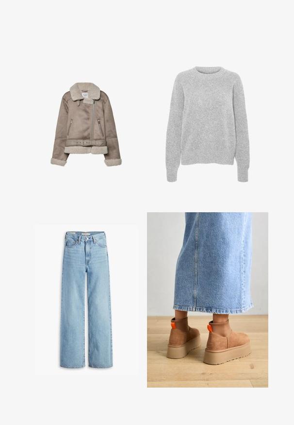 Veste en shearling beige avec un large col, fermeture zippée, deux poches avant et une ceinture. Doublure en polaire et finition texturée.; Pull en maille gris avec des manches longues, un col rond, des bords-côtes aux poignets et à l'ourlet, présentant une texture douce et une coupe décontractée.; Jean large taille haute en denim bleu clair avec fermeture à bouton et zip à l'avant, passants de ceinture et cinq poches.; Bottes en suède brun à plateforme avec des panneaux latéraux élastiques et des languettes orange, associées à une jupe en denim clair arrivant au genou sur un sol en bois.