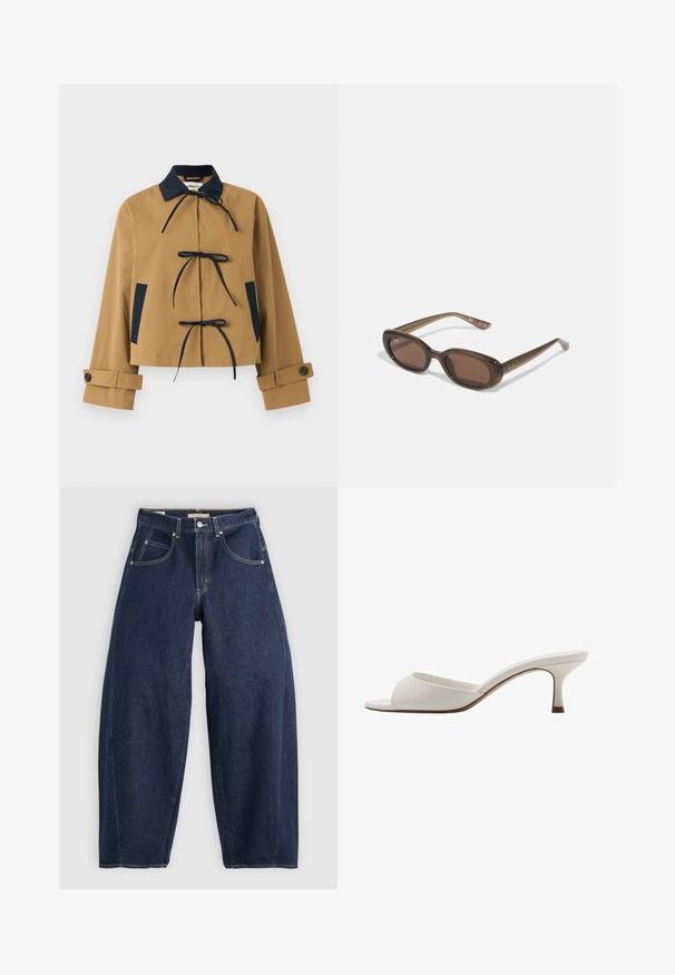 Krótkiażowa kurtka w kolorze jasnobeżowym z granatowym kołnierzem i akcentami, z trzema z przodu związaniami i zapięciem na guziki przy mankietach. Gładki materiał o wyrazistej konstrukcji.; Biały sweter z warkoczowym splotem, z długimi rękawami, ściągaczem przy szyi i na końcach rękawów, z małym haftowanym logo na piersi.; Granatowe dżinsy o luźnym kroju, z jasnym przeszyciem, pięcioma kieszeniami i zapięciem na guziki w pasie.; Białe, otwarte na palcach mule na wysokim obcasie o gładkim wykończeniu, minimalistycznym designie i smukłym obcasie, z subtelnym brązowym akcentem na podeszwie.; Brązowe, owalne okulary przeciwsłoneczne z ciemnymi soczewkami. Rama wykonana jest z przezroczystego brązowego materiału i ma logo nadrukowane na zausznikach.; Zielona skórzana torebka o gładkiej teksturze, zaokrąglonym kształcie i plecionym uchwycie. Posiada zamek błyskawiczny i regulowany pasek.