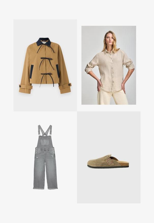 Tan cropped jacket with a navy collar and accents, featuring three front ties and buttoned cuffs. Smooth fabric with a structured design.; Beige linen button-up shirt with a collar, long sleeves rolled to the elbows, and a subtle texture. Features a small logo detail near the hem.; Gray denim overalls with adjustable straps, front chest pocket, side buttons, and distressed details on legs.; Suede clog-style slipper in olive green with a narrow strap and metal buckle detail. Features a cork footbed and black rubber sole.