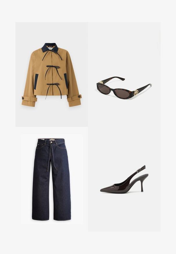 Tan cropped jacket with a navy collar and accents, featuring three front ties and buttoned cuffs. Smooth fabric with a structured design.; Blue striped button-up shirt with a collar, long sleeves, and a curved hem. Fabric appears smooth and lightweight. Button closure down the front.; Wide-leg dark blue denim jeans with a high waist, featuring a drawstring tie, five pockets, and contrasting stitching details.; Slingback high-heeled shoe in glossy dark brown patent leather, pointed toe, open sides, and adjustable ankle strap.; Tortoiseshell sunglasses with elongated oval lenses, brown tint, gold logo accents on temples, and sleek black arms.