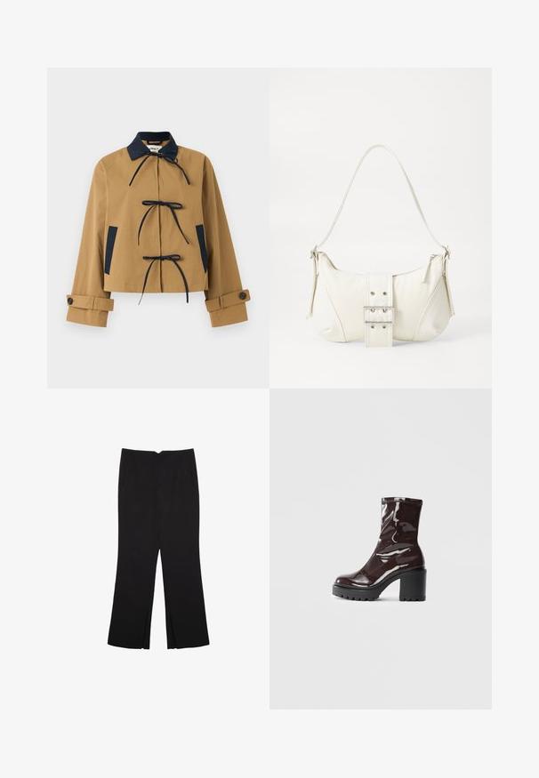 Beige kurzes Jacket mit einem marineblauen Kragen und Akzenten, ausgestattet mit drei vorderen Bindebändern und knöpfbaren Bündchen. Glatter Stoff mit einer strukturierten Gestaltung.; Dunkelgraues Kurzarmoberteil mit Bootsausschnitt. Hergestellt aus geripptem Stoff, mit lockerer Passform und sauberem Saum. Einfaches Design, ohne Muster.; Schwarze Hose mit geradem Schnitt, ausgestattet mit Fronttaschen und Seitenschlitzen am Saum. Hergestellt aus weichem, glattem Stoff. Geeignet für verschiedene Anlässe.; Glatte bordeauxrote Ankle Boots mit einem klobigen schwarzen Absatz, die eine glatte Oberfläche und ein einfaches Design aufweisen. Keine sichtbaren Verschlüsse oder Muster.; Weiße Schultertasche mit texturierter Oberfläche, zentralem Schnallenakzent und geschwungener Form. Reißverschluss an beiden Seiten.