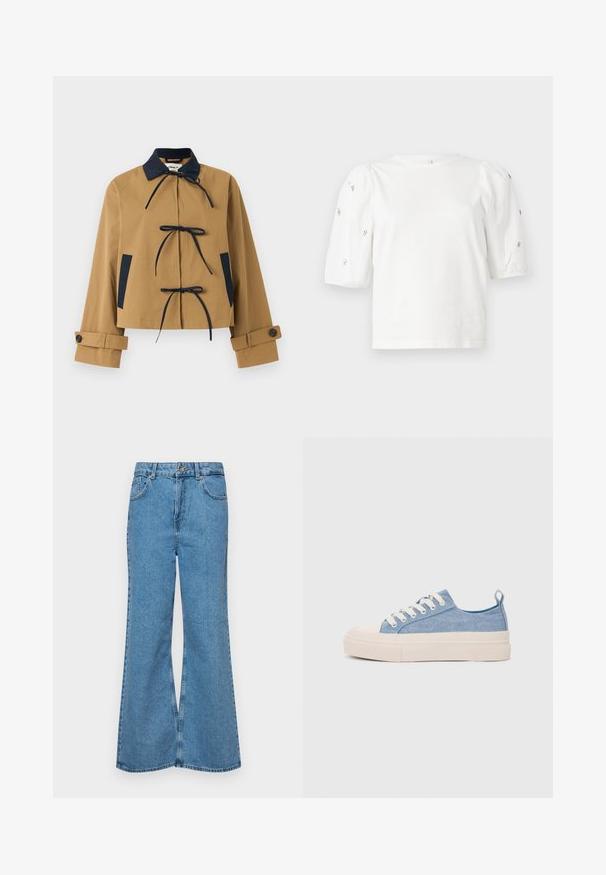 Smėlio spalvos trumpa striukė su tamsiai mėlynu apykakle ir akcentais, turinti tris priekinės dalies raiščius ir užsegamus rankogalius. Lygus audinys su struktūrizuotu dizainu.; Balta medvilnės marškinėliai trumpomis pūstomis rankovėmis, papuošti mažomis sidabrinėmis detalėmis ant rankovių. Klasikinis apvalus iškirpimas, laisvas siluetas.; Šviesiai mėlynos flared džinsai, pagaminti iš džinsinio audinio, su aukštu liemeniu, penkiomis kišenėmis ir vienu mygtuko užsegimu. Minkštas paviršius su išblukusiu efektu.; Šviesiai mėlyni drobės sportbačiai su kreminiu guminiu pirštų apsaugos ir pado elementu, balti raišteliai ir kilpa ant kulno.