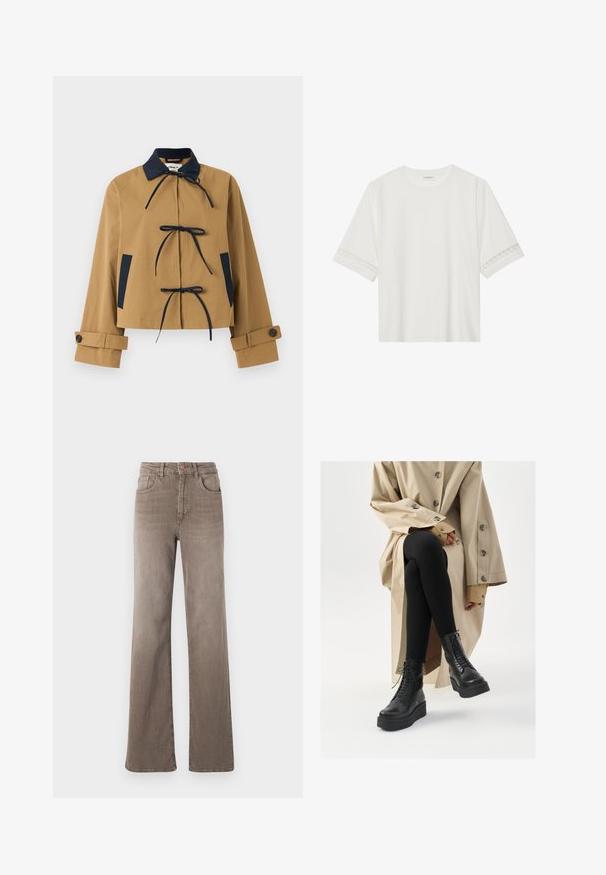 Svetr s krátkym strihom v béžovej farbe s námorníckym golierom a akcentmi, ktorý má tri predné viazania a gombíkové manžety. Hladká tkanina s pevnou konštrukciou.; Biele tričko s krátkym rukávom vyrobené z bavlny, s dekoratívnym čipkovým lemovaním pozdĺž rukávov a okrúhlym výstrihom.; Hnedé high-waist rovné džínsy so zapínaním na prednej strane, pútkami na opasok a klasickým dizajnom s piatimi vreckami na bielom pozadí.; Čierne kožené členkové topánky so šnurovaním, zdvihnutou platformou a štruktúrovanými čiernymi legínami, nosené s svetlo béžovým trenčkotom.