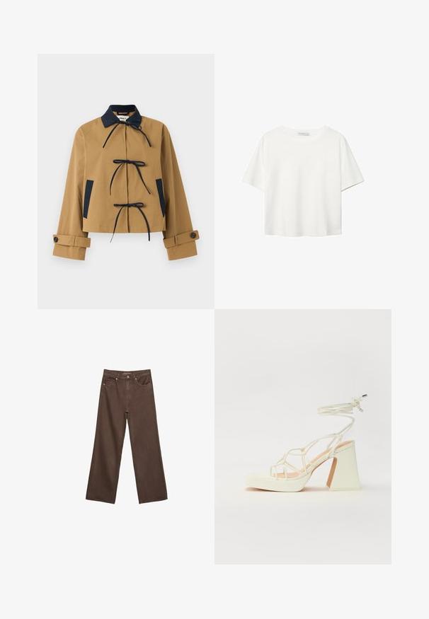 Svetlo rjava skrajšana jakna z mornarsko modrim ovratom in detajli, ki ima tri sprednje zategovanja in zapnjenost na manšetah. Gladek material z strukturiranim dizajnom.; Bela kratka majica s kratkimi rokavi iz bombaža. Ima okroglo izrezovanje in sproščen kroj. Gladka tekstura brez vidnih vzorcev ali poudarkov.; Široke rjave kavbojke iz denima, ki imajo visok pas, sprednje žepe in klasično zapiranje na gumb. Gladka tekstura s subtilnim šivom.; Bela sandala na visokih petah s debelim petam, ki ima obliko trakcev in vezanje okoli gležnja. Gladka tekstura z platformo spredaj za dodatno višino.
