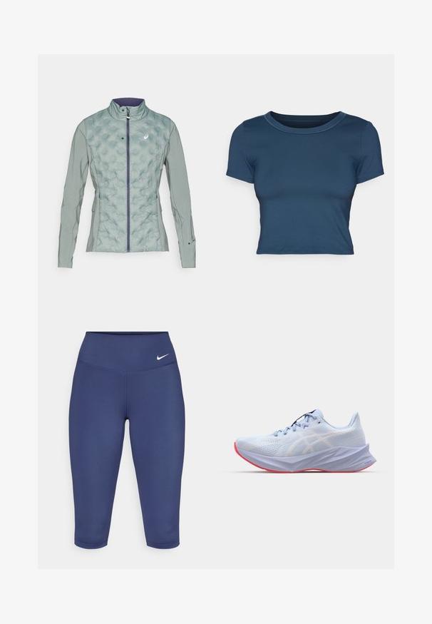 Light green jacket with a quilted texture on the front and smooth fabric on the sleeves, featuring a high collar and zipper closure.; Navy blue cropped t-shirt made of smooth, stretchy fabric. Features a round neckline and short sleeves with simple stitching details.; Navy blue capri leggings made of stretch fabric, featuring a wide waistband and a small white logo on the left side. No visible seams.; Light blue athletic shoe with a textured mesh upper, white logo accents, a cushioned sole, and a pink outsole. Features a sleek, ergonomic design.