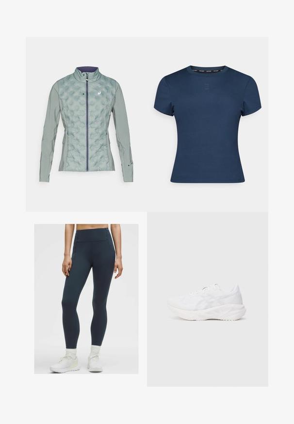 Jasnozielona kurtka o pikowanej strukturze z przodu i gładkim materiale na rękawach, z wysokim kołnierzem i zapięciem na zamek.; Granatowa, krótko rękawowa koszulka wykonana z rypsowej tkaniny, z okrągłym dekoltem, dopasowanym krojem oraz subtelnym logo marki na piersi.; Legginsy wysokogatunkowe w ciemnoniebieskim kolorze, wykonane z elastycznego, gładkiego materiału z płaskimi szwami i bez widocznych kieszeni, w połączeniu z białymi butami sportowymi.; Białe buty sportowe z przewiewną siateczką i wyściełaną podeszwą, z fakturowanym wzorem i minimalistycznymi akcentami.