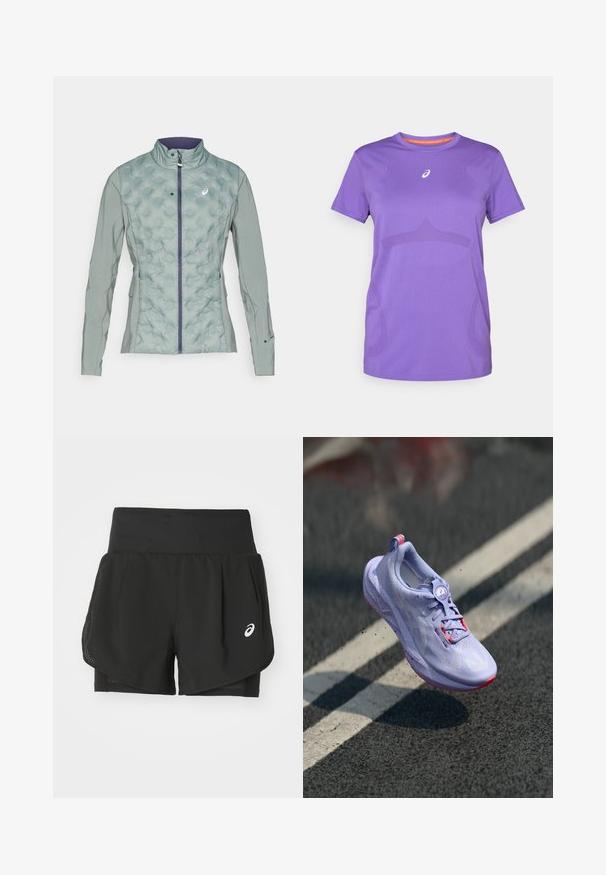 Lichtgroene jas met een gewatteerde textuur aan de voorkant en gladde stof op de mouwen, met een hoge kraag en rits sluiting.; Paarse sportieve t-shirt gemaakt van ademend materiaal. Voorzien van een ronde hals, korte mouwen en een subtiel monochroom patroon aan de voorkant.; Zwarte sportshorts met een ademende mesh-overlay, binnenshorts met een soepele textuur en een wit logo aan de linkerkant.; Lichtpaarse hardloopschoen met een gestructureerde bovenkant, roze accenten, een rond vetersysteem en een gespikkelde zool, verhoogd boven een asfaltachtergrond.